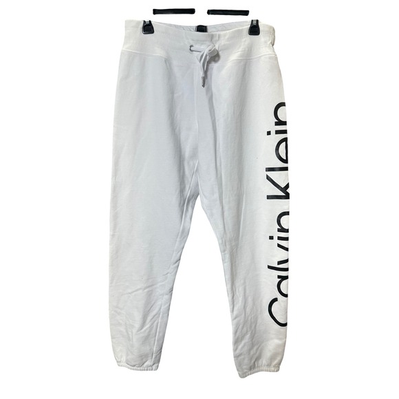 Calvin Klein White Jogger Sweatpants Lounge Large Black Logo - Picture 1 of 5